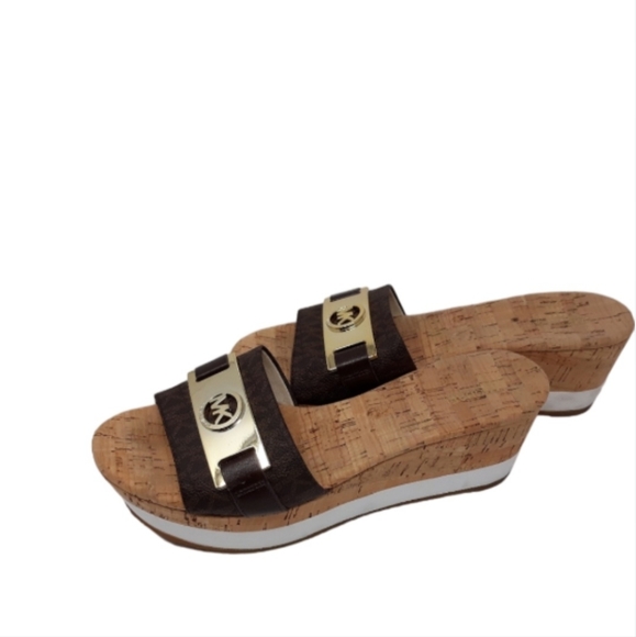 Michael Kors Warren Platform Wedge Sandal Size 8  Brown Gold Logo - Picture 2 of 4